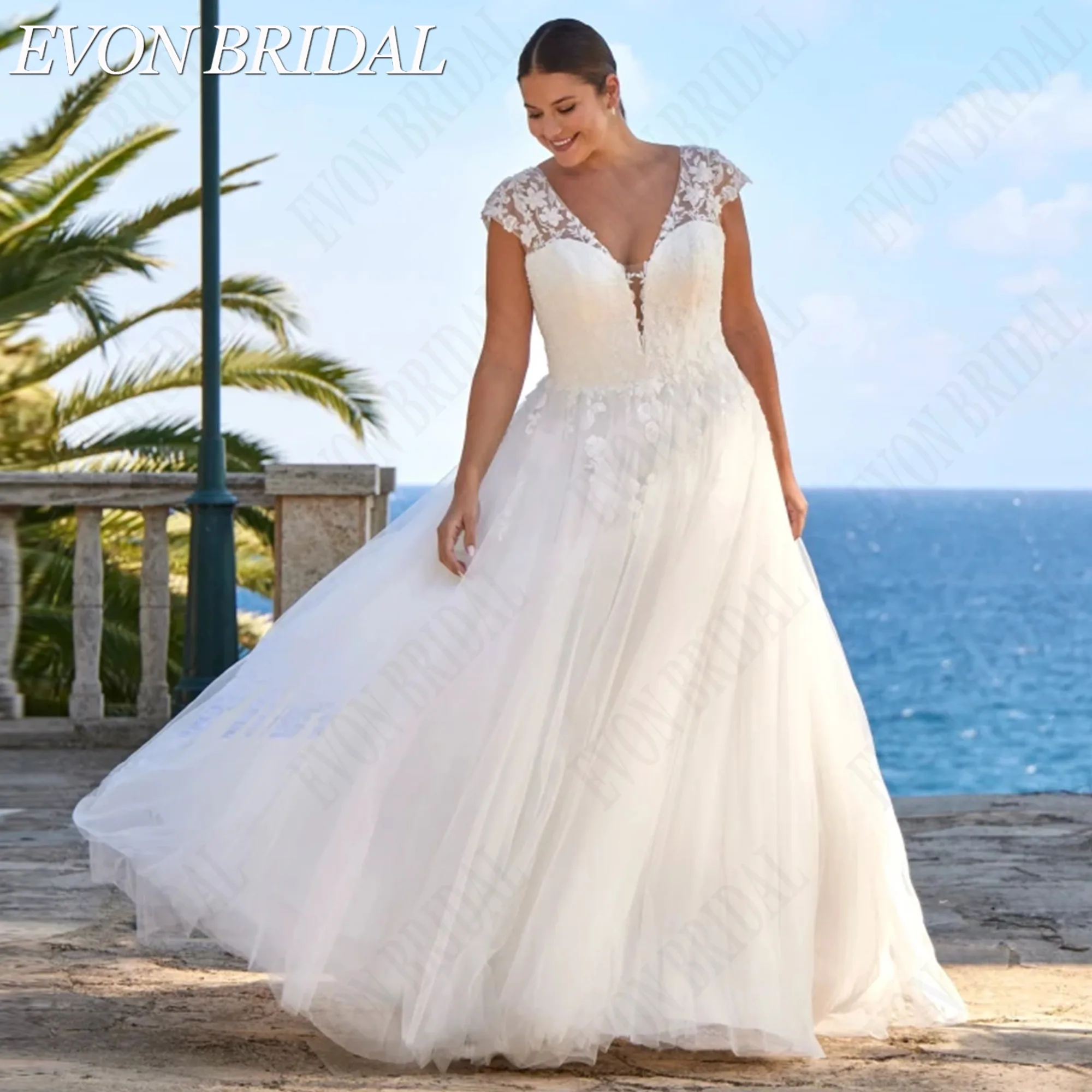 EVON BRIDAL Lace Appliques Cap Sleeves  Customized Wedding Dress Plus Size A-Line Tulle Bride Dresses V-Neck Bridal Gown