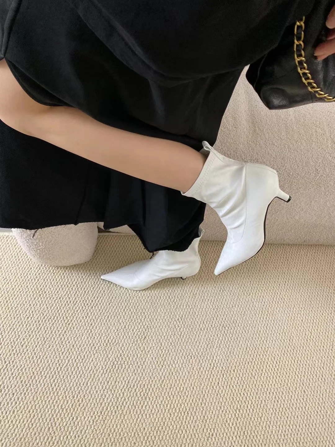 2024 New Arrivals Women Ankle Boots Chelsea Botas Thin Mid Heels Sock Stretch Shoes Slip On Autumn Winter Boots Black White 39