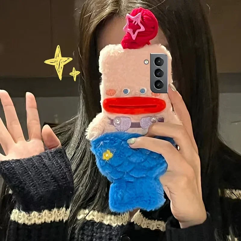 Phone Case for Samsung Galaxy A73 A72 A52 A35 A55 A54 A51 A12 5G Plush Cute Mermaid Girls Gift Fluffy Long  braid Hair Fur Cover
