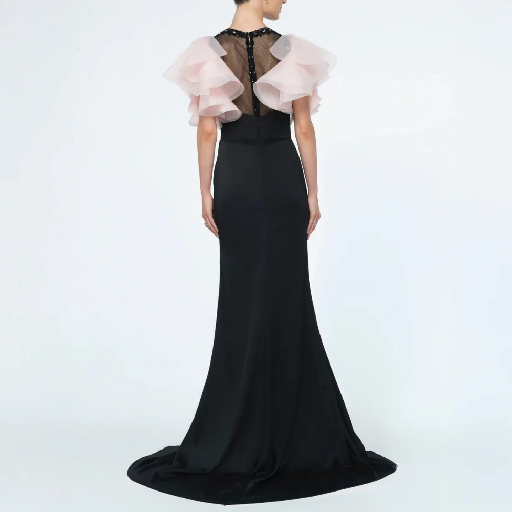 

Women's Scoop Neck Tiered Short Sleeve Prom Gown Customized Fashion Contrast Color A-line Floor Length Evening Dress Party Dress