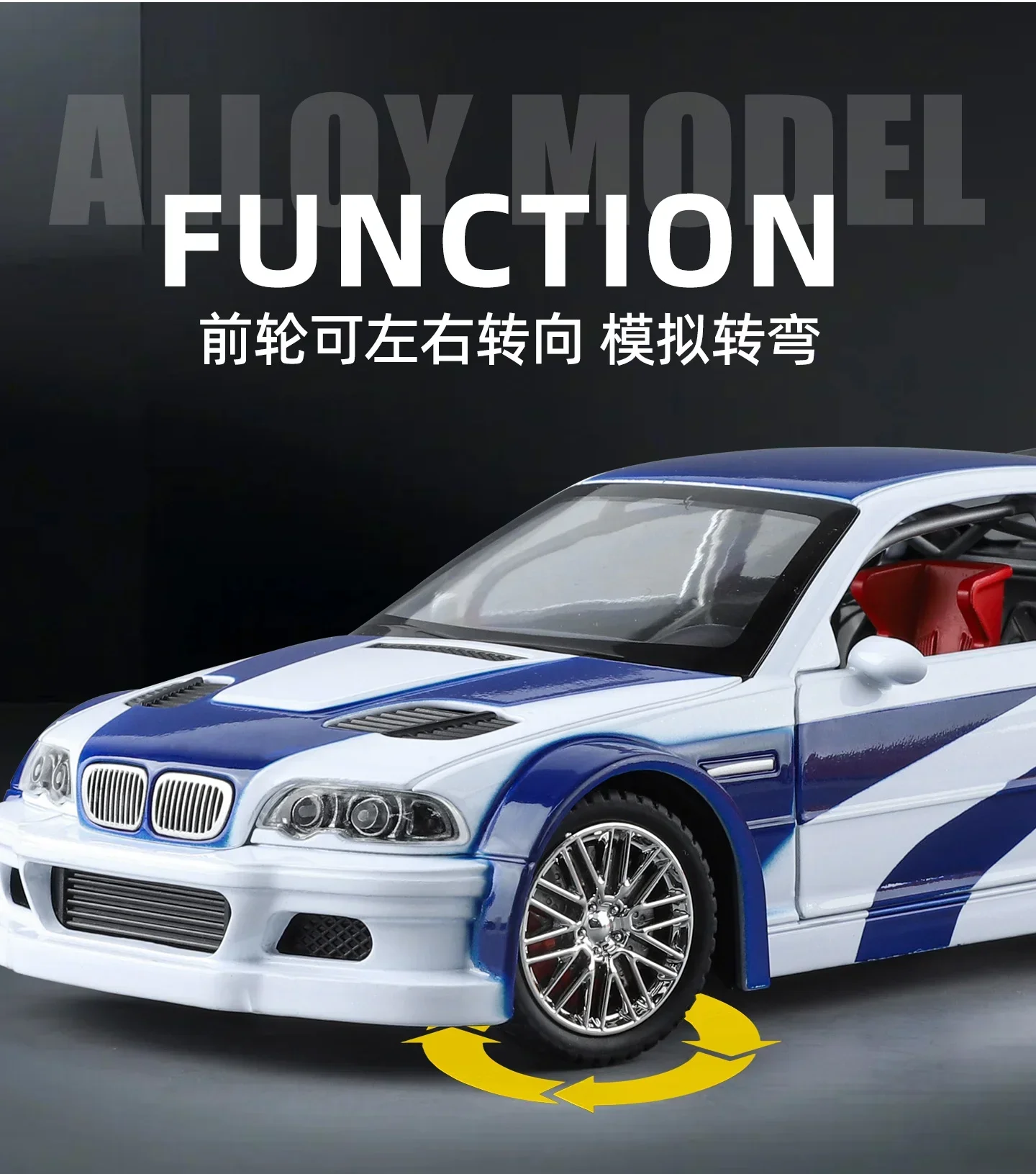 1:24 M3 GTR E46 Racing Alloy Metal Diecast Model Car Sound and Light Pull Back Collectibles Hobby Birthday