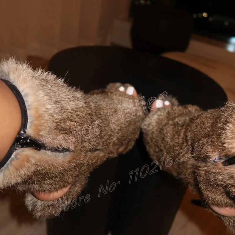 الصيف المفتوحة تو الفراء عالية الكعب جولة رئيس خنجر الجانب سستة المرأة أحذية بوت قصيرة مثير موضة حفلة عشاء الصنادل المصارع