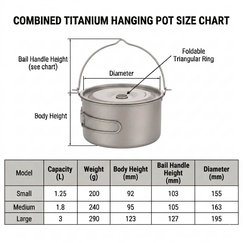 Titanium Hanging Camping Pot 1.25L 1.8L 3L Ultralight Outdoor Cooking Pot with Lid Foldable Handle Backpacking Picnic Campfire