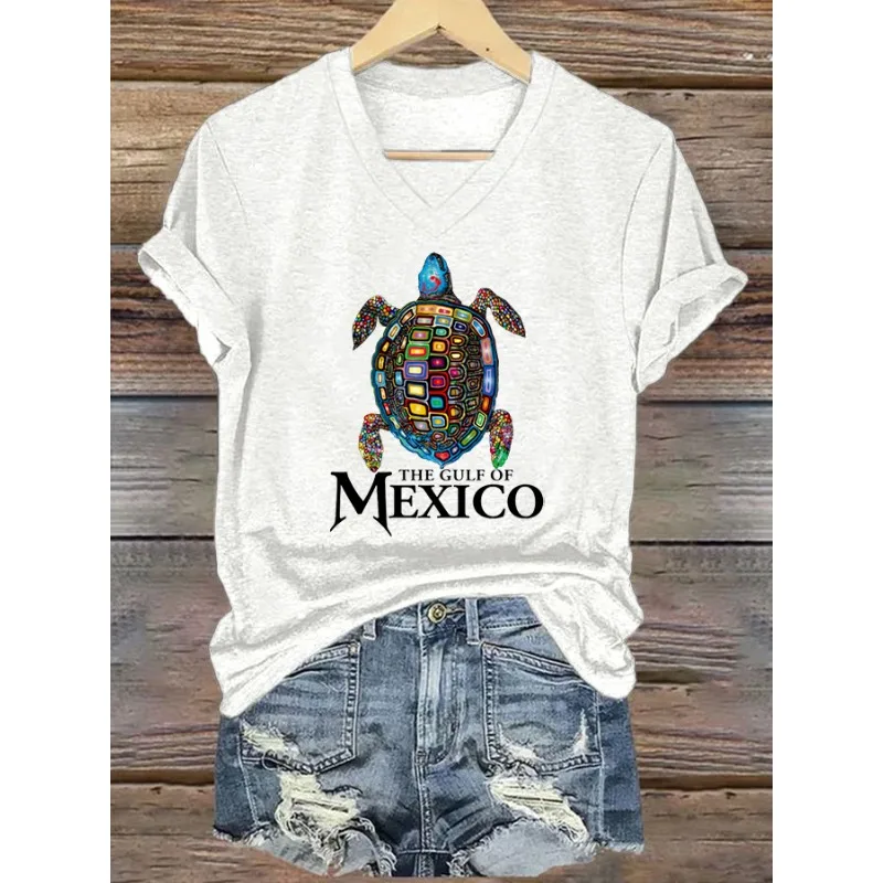 Women's Short Sleeve Gulf of Mexico Turtle Print T-Shirts Summer Casual V Neck Tops Hot Tees
