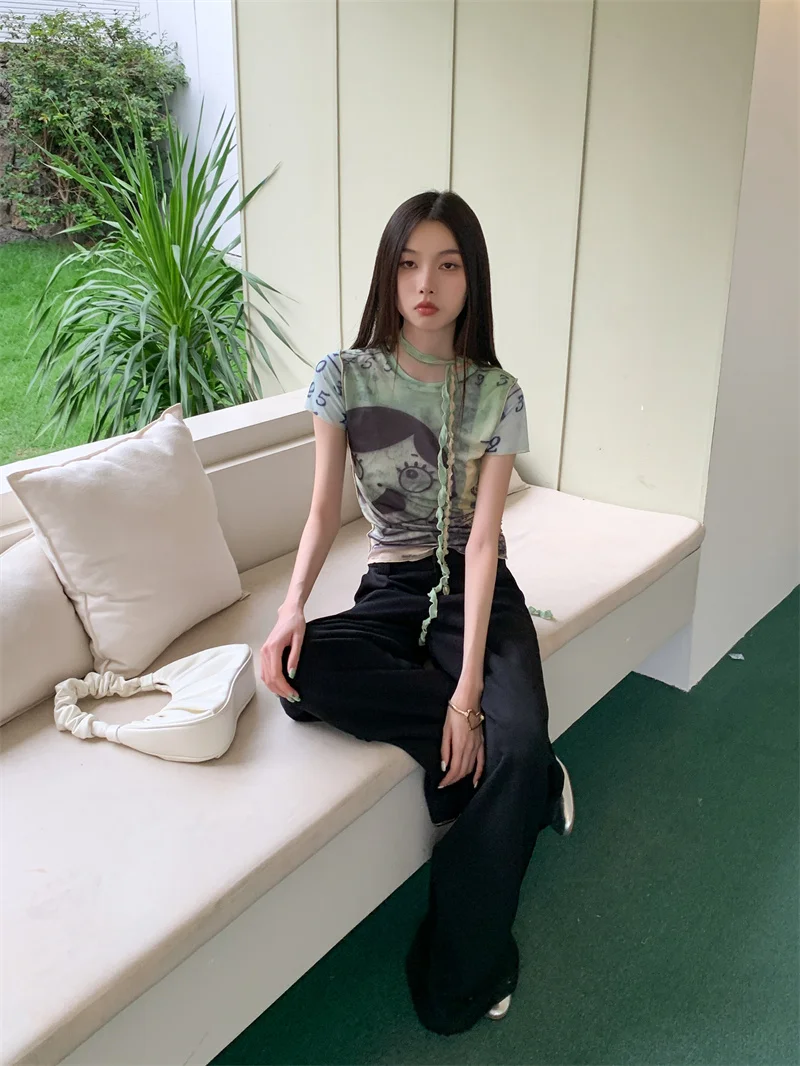 Genayooa  Japanese Print Mesh Tops Short Sleeve Skinny Crop Tops Y2k Vintage T Shirt Women Streetwear Fariycore Tshirts E Girls