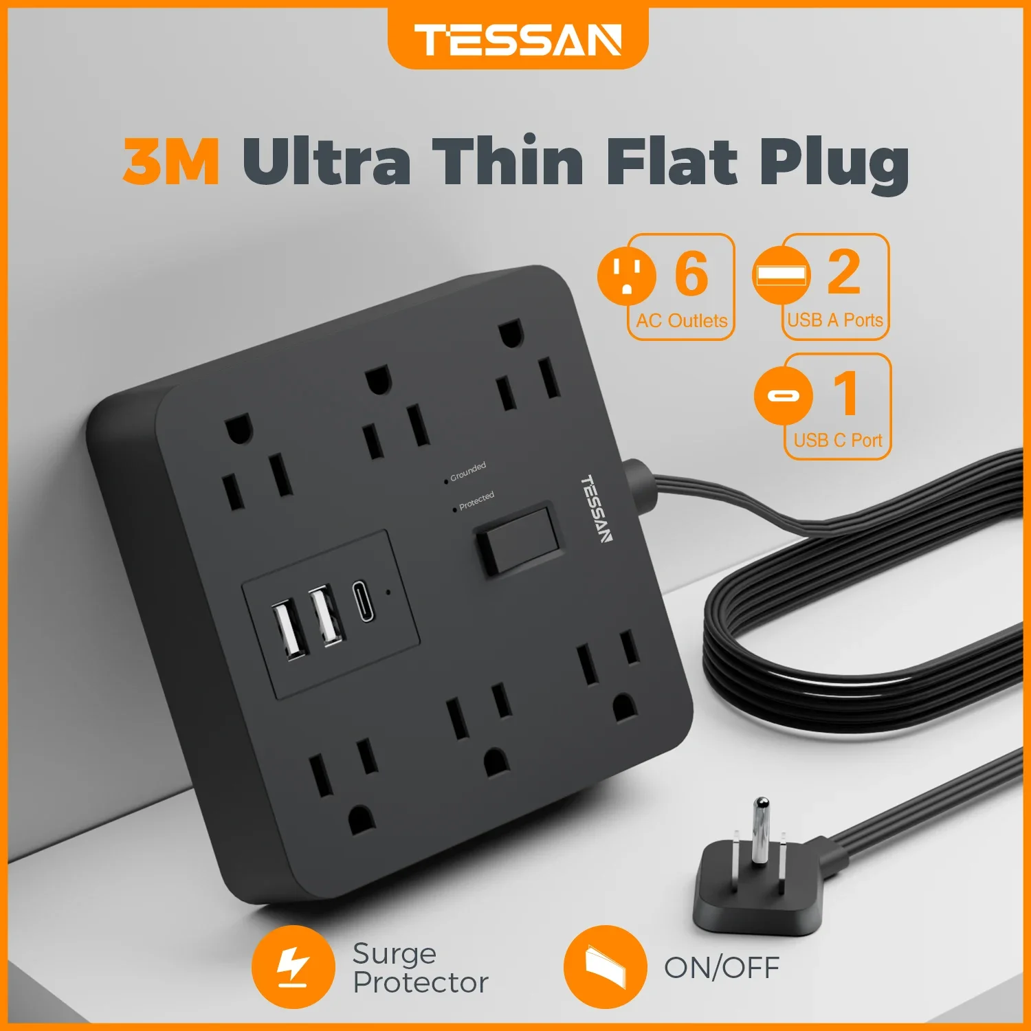 TESSAN Flat Plug Extension Cord US Power Strip 9 in 1 with Surge Protector 1700J Protection Multiple Outlets Charging Station