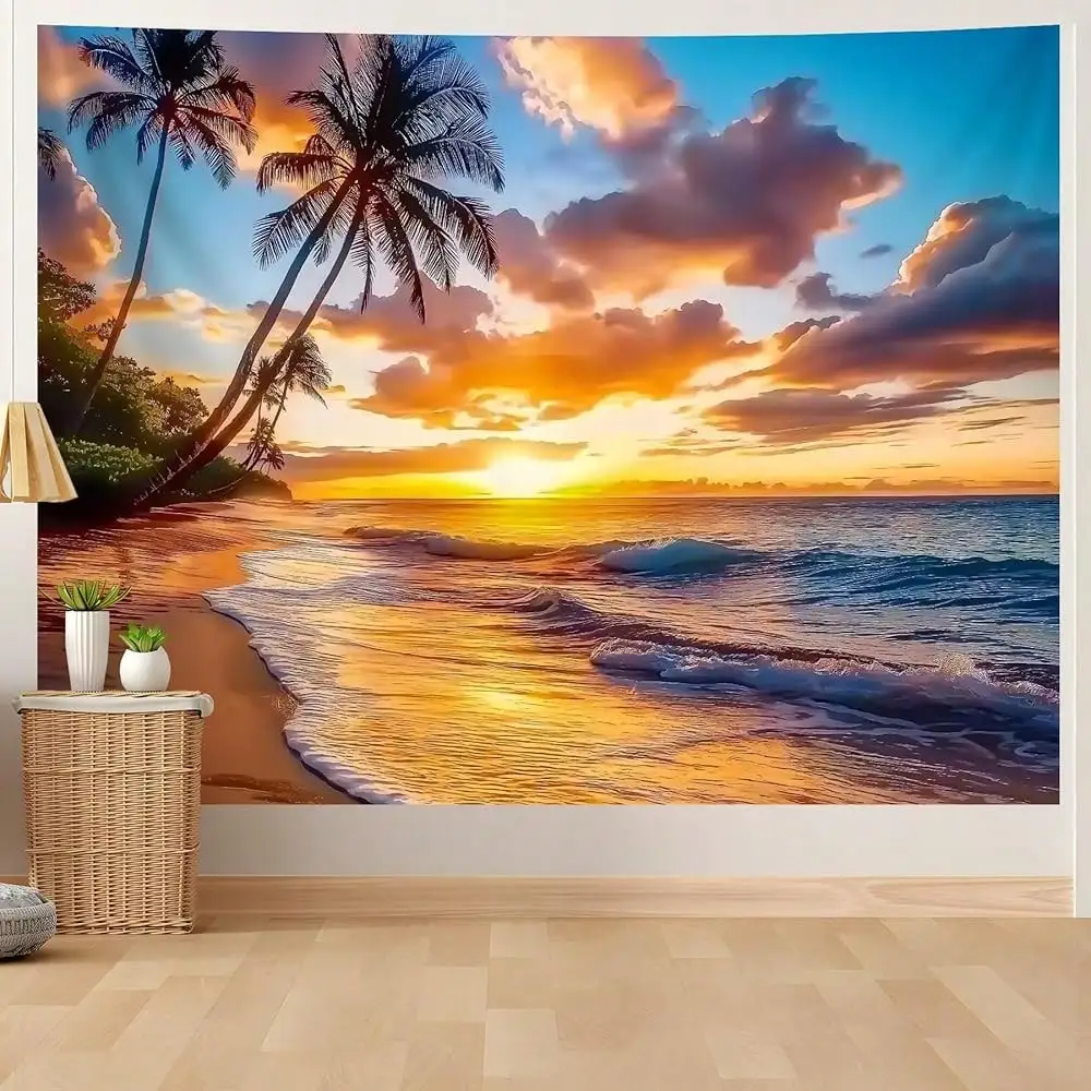Sunset Beach Wall Tapestry - Palm Trees & String Lights, Boho Coastal Decor, Ocean View Hanging, Multiple Sizes
