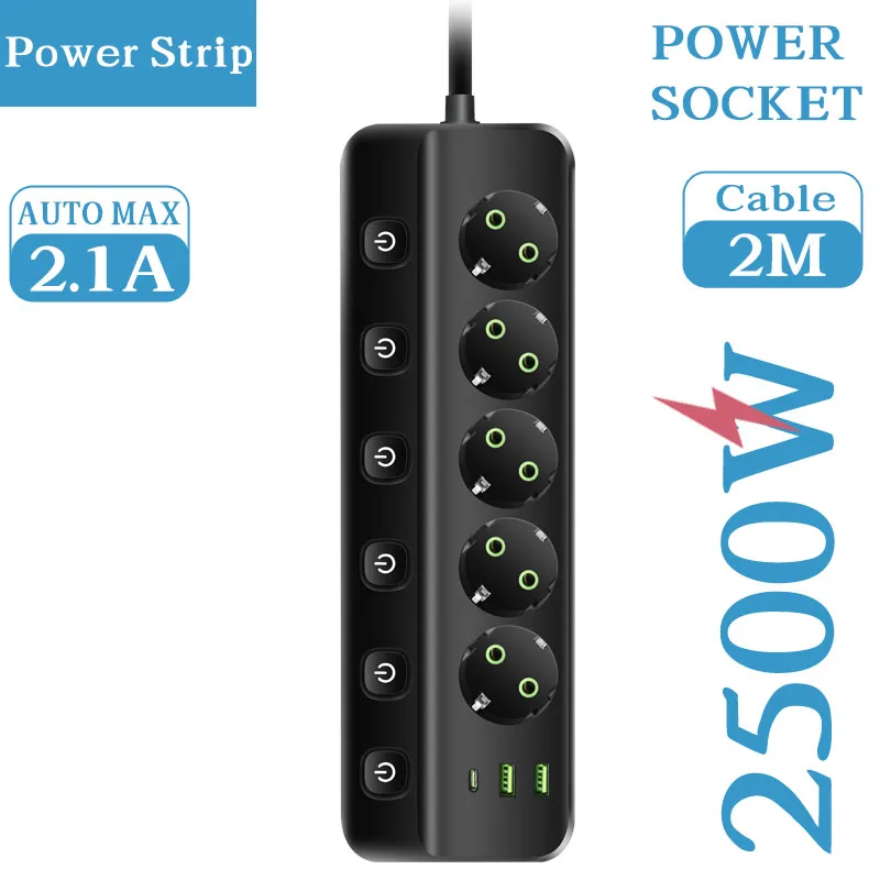 الاتحاد الأوروبي التوصيل قطاع الطاقة مع 3/5 منافذ التيار المتناوب + 2 منافذ USB + 1 نوع C 6/8 في 1 التوصيل محول مأخذ التوصيل 2 متر مقبس كهربائي للمكتب المنزلي