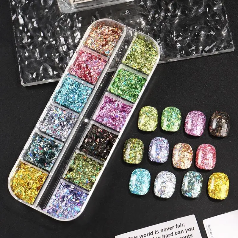 (BF06)1 Set Sparkly Irregular Nail Flakes 12 Grids Holographic Glitter Nail Art Sequins Mermaid Makeup Manicure Decorations view 4