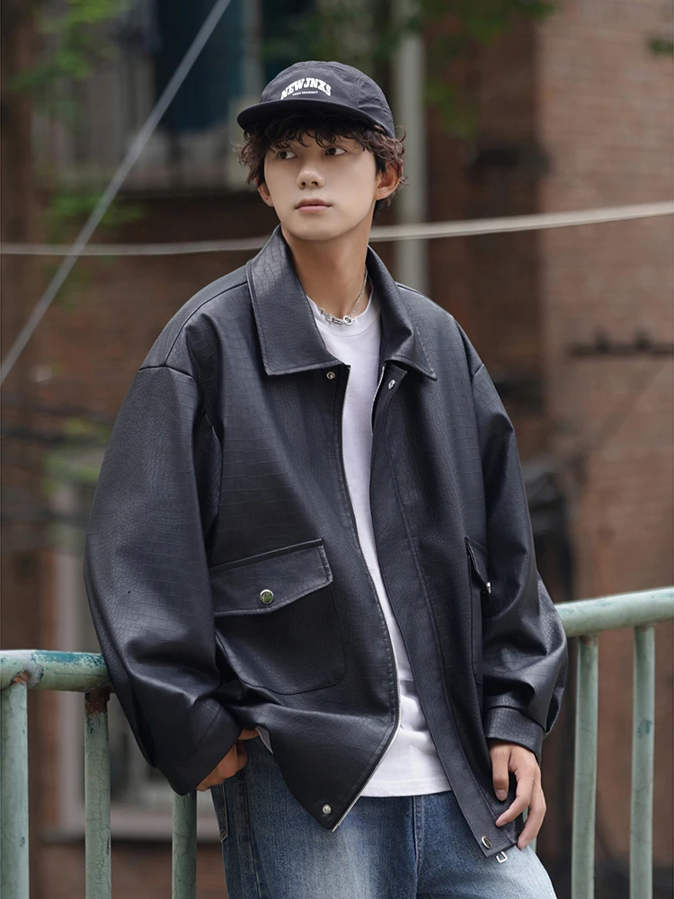 

Bla PU Leather Jaet Men's Spring Autumn 2024 New High-End Loose Motorcycle Sle American Retro Lapel Jaet