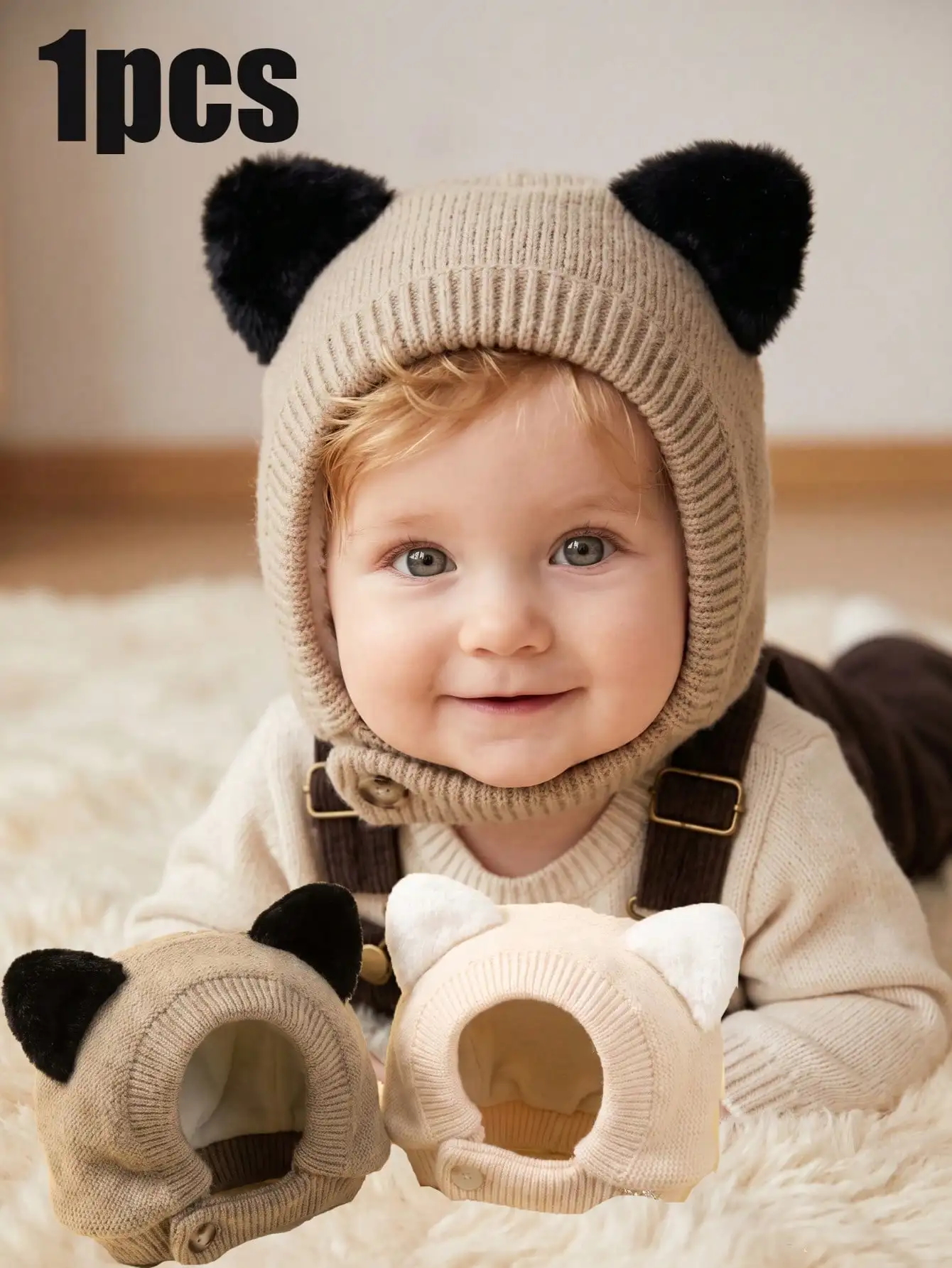 1pcs 1-5Y Cute Baby Kids Knit Balaclava, Cartoon Cat Ear Decor Full Cover Integrated Cap