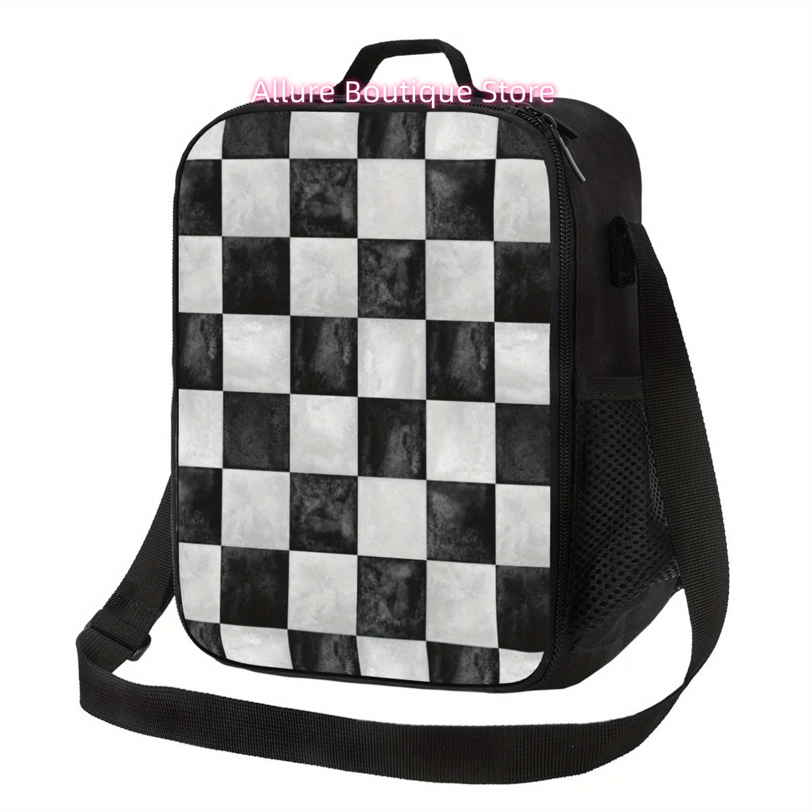 1pc Black & White Checkered Insulated Lunch Bag - Durable Polyester, Non-Food Contact, Reusable Tote for Work, Travel, Picnic -