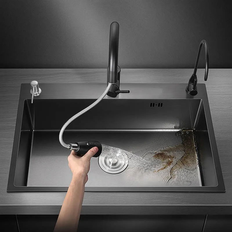 Black Nano Wash Basin Single Sink Stainless Steel Faucet Kitchen Sinks Drain Set Home Handmade Wash Basin Kitchen Accessories