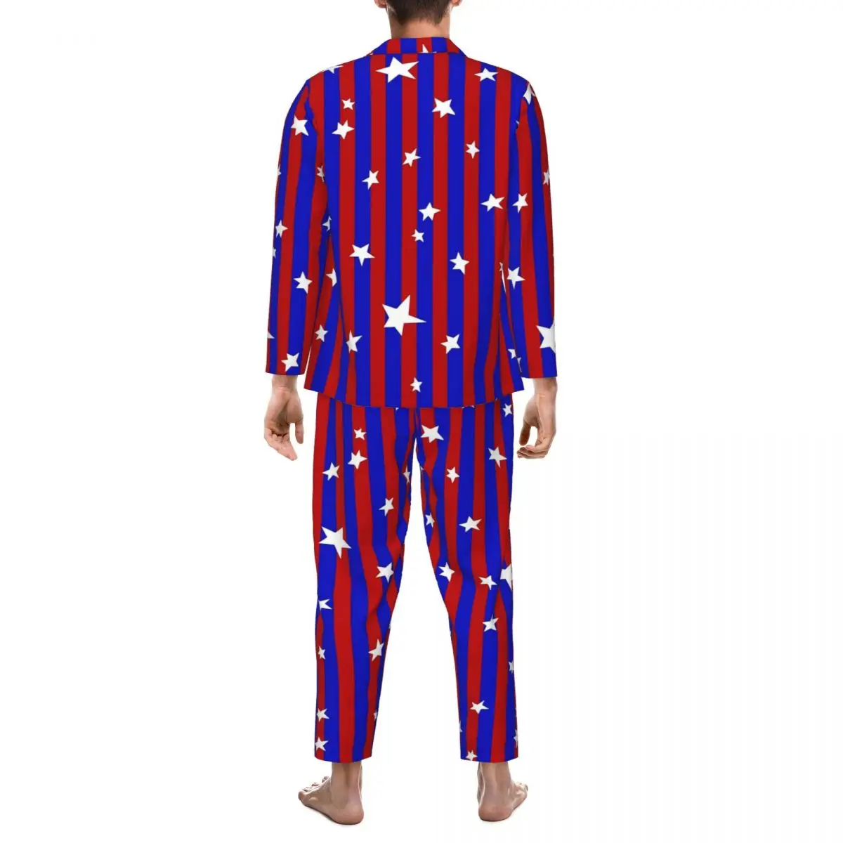 Stars And Striped Pajamas Men Red And Blue Lovely Leisure Sleepwear Autumn 2 Pieces Casual Oversize Design Pajama Set