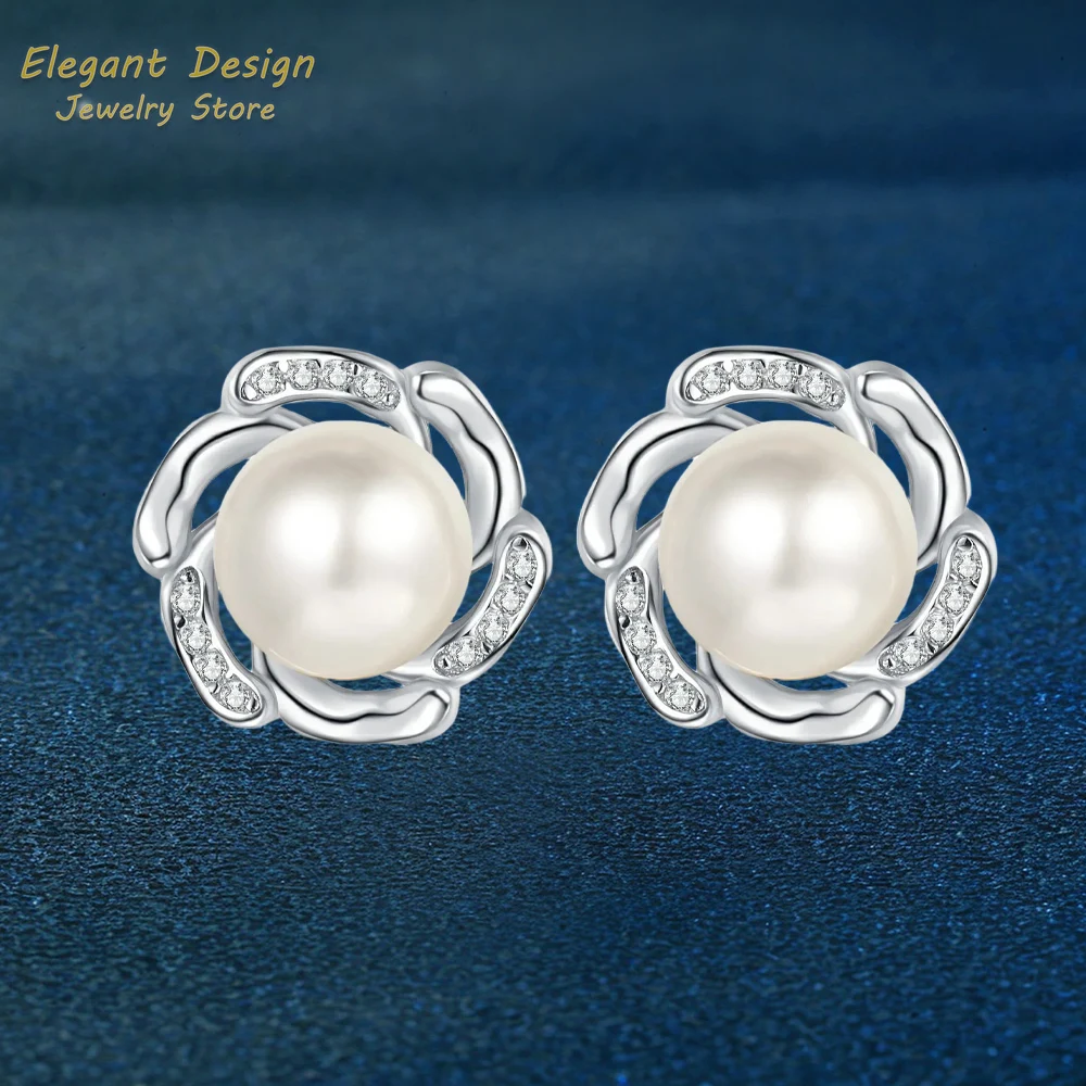 

Fashion 15 Point Moissanite Diamond PT950 Platinum Ear Stud Gifts, Sweet Flower Bud 8mm Natural Pearl Stud Earrings for Women