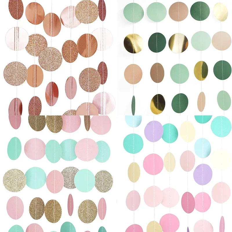 3 Meter 5cm Circle Dots Paper Party Garland Streamer Backdrop (10 Feet Long) - Pink, White, Gold Glitter Round Paper