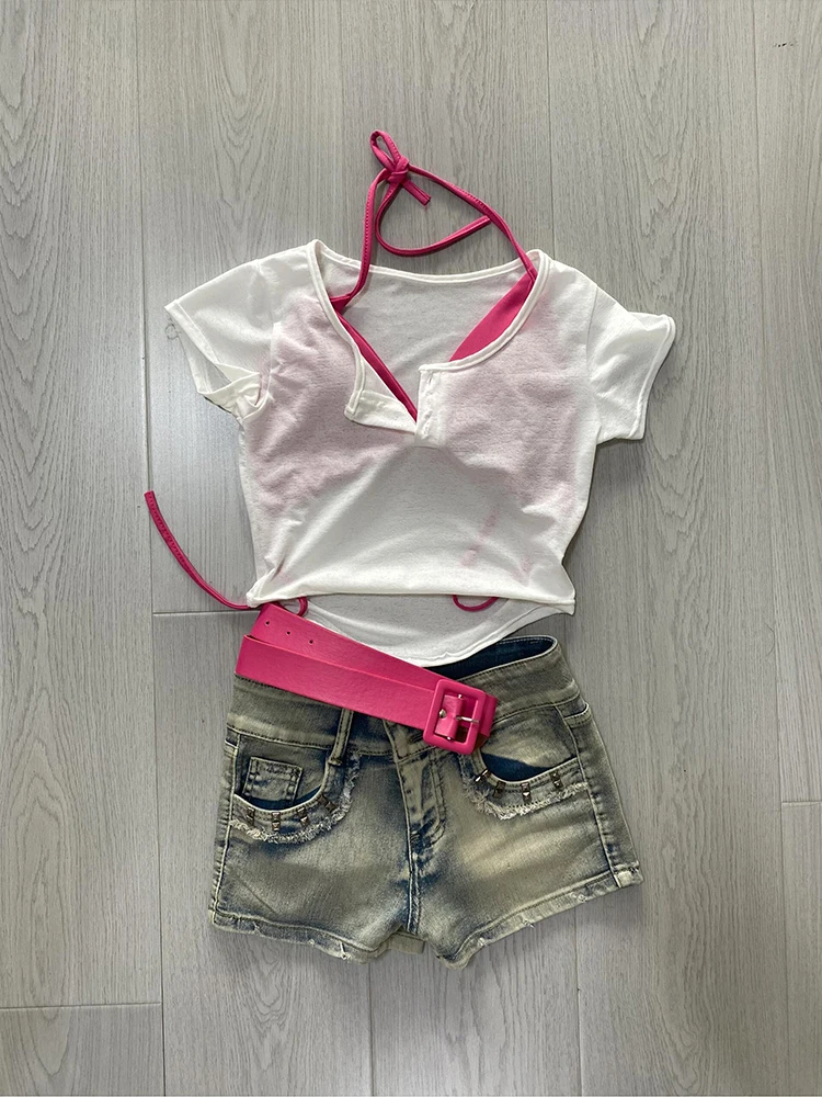 

Низкая талия Slim Fit ort Sve Белая футболка и джинсовые джинсы Комплект из двух предметов для женщин Сексуальный модный летний наряд Pure Desire