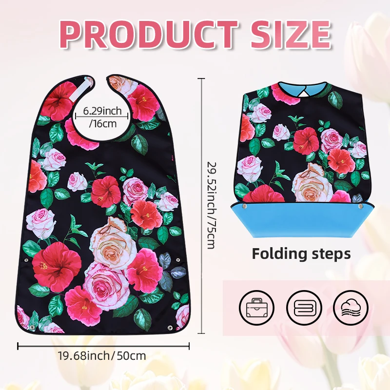 Waterproof Bib for Middle-Aged and Elderly Adults – Single Pack – Floral Print – Reusable Protective Bib for Daily Dining