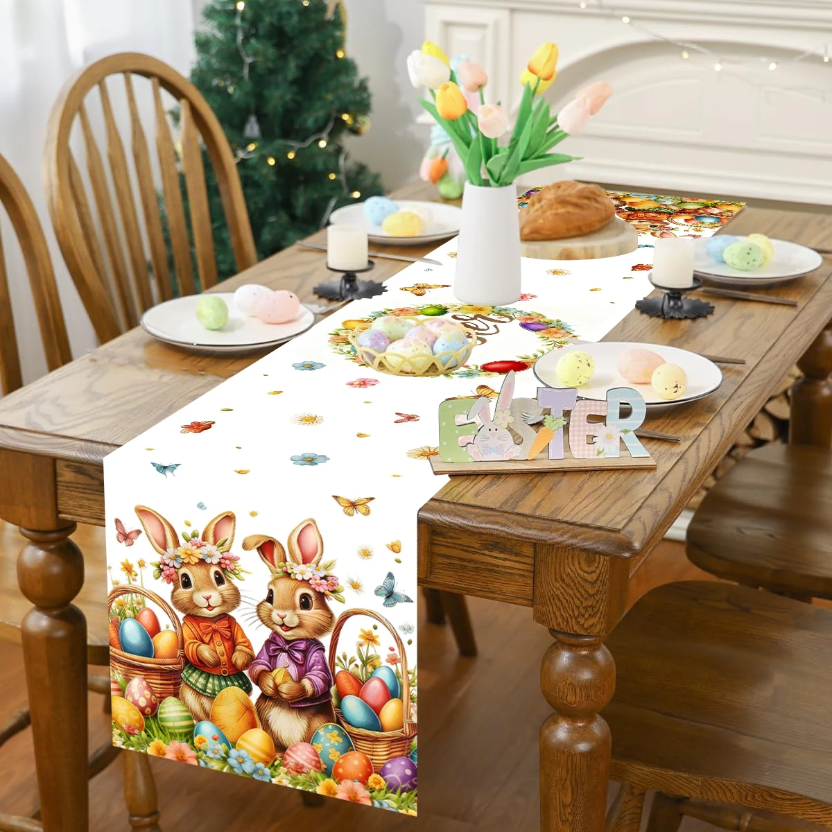 Easter Bunny Eggs Table Runner Holiday Party Decor Washable Spring Flowers Kitchen Dining Tablecovers Easter Decorations 2026