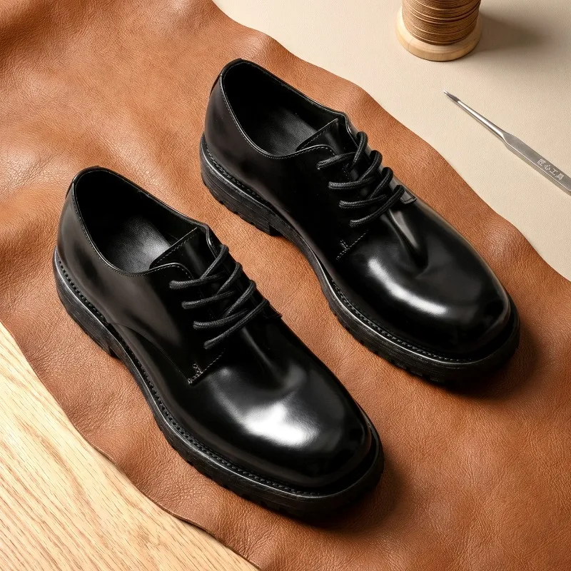 Luxury Genuine Leather Mens Formal Shoes Round Toe 2026 Autumn New Fashion British Style Platform Casual Business Shoes Male