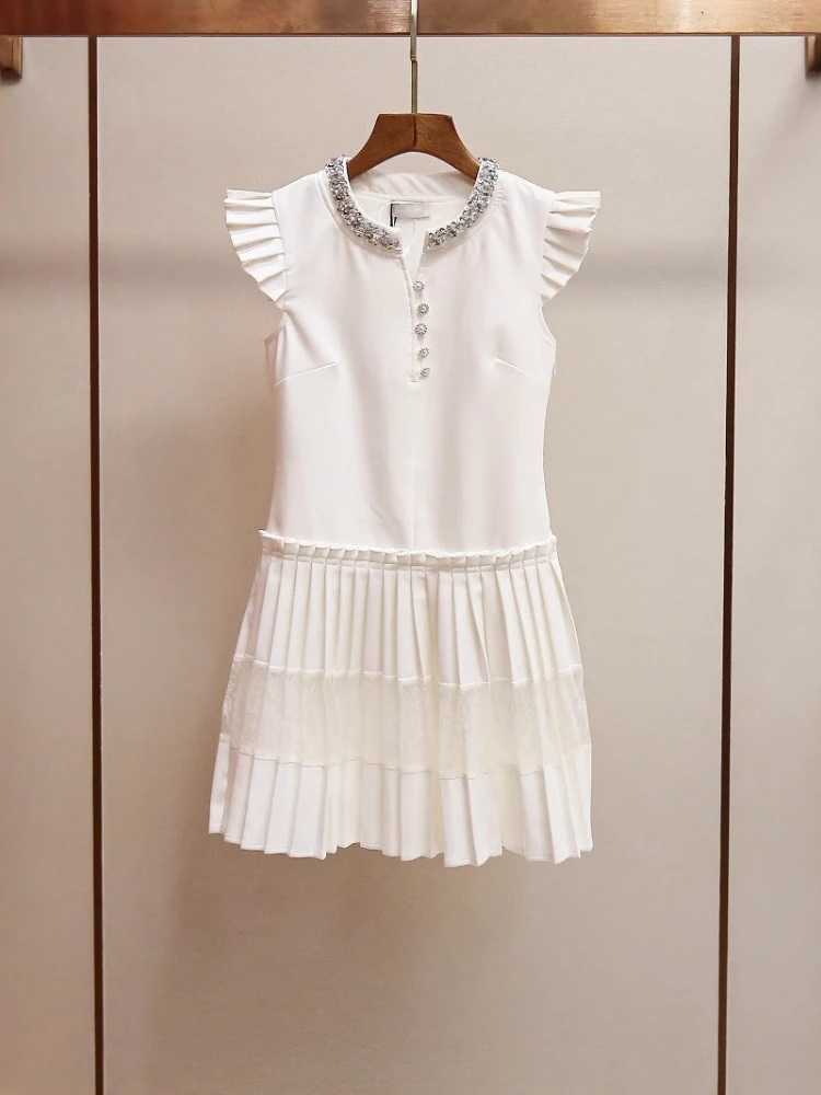 Women's Summer New Style French Heiress Style Temperament Diamond Studded Flying Sleeves Pleated Diamond Painting Cross Stitch