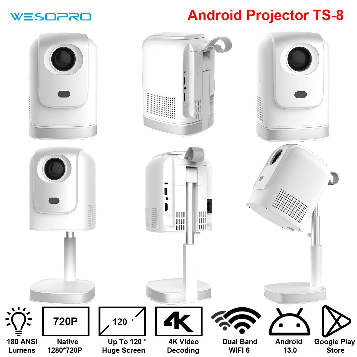 جهاز عرض WESOPRO الذكي الصغير المخفي للرفع 4K محمول مع واي فاي 6 بلوتوث 5.0 أندرويد 13 مسرح منزلي كيستون تلقائي #1