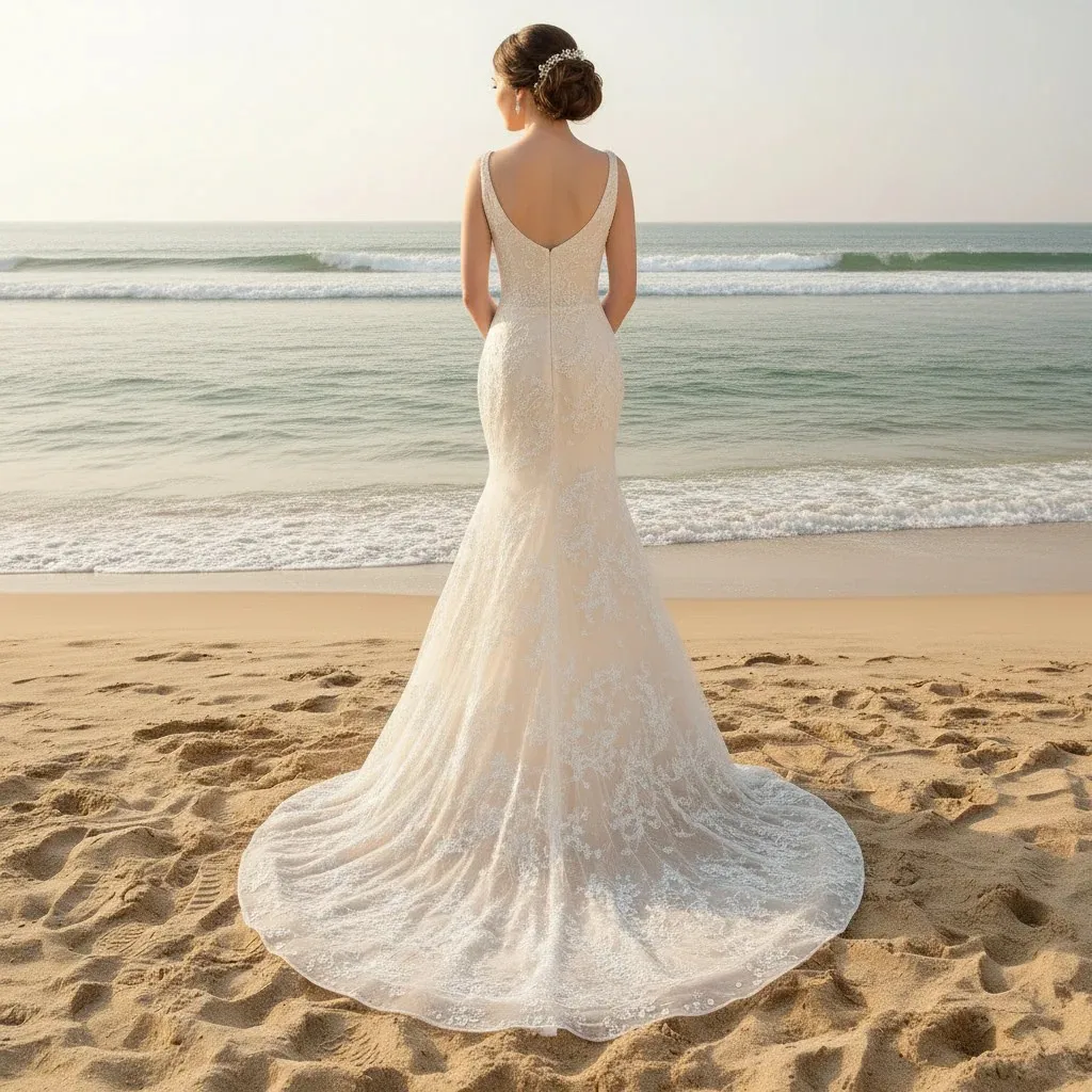 Rosymae – robe de mariée sirène Champagne clair, col en v, dentelle florale, dos bas, élégante, confortable, pour la plage, les mariages en plein air