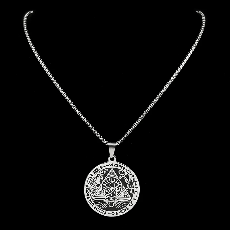 Egyptian Eye of Horus Amulet Medal Pendant Necklace for Women Men Stainless Steel Anka Cross Chain Necklaces Jewelry N2595-4S02