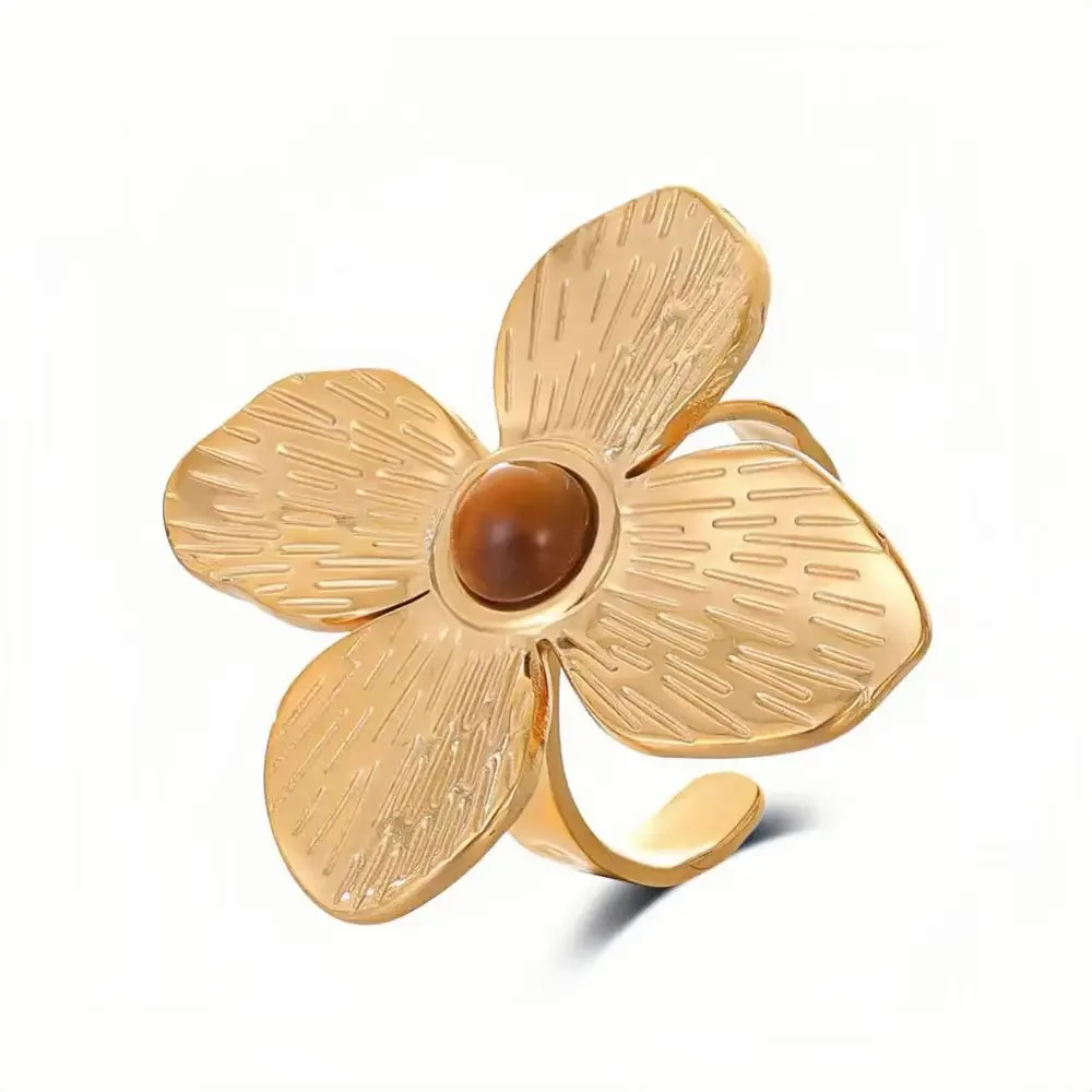 

Stainless Steel Fashion Colored Natural Stone Ring Women's Flower Lucky Jewelry Golden Anniversary Gift New Style