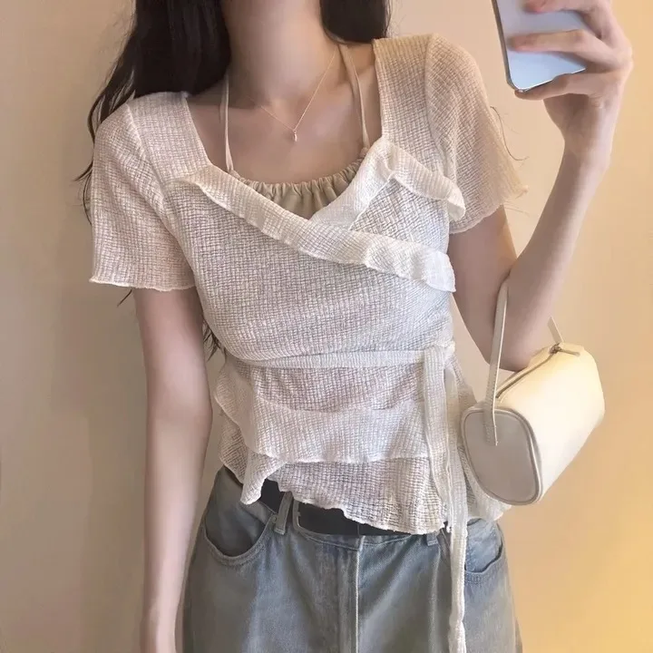 

Корейская футболка Slim Fit, женская модный дизайн, трикотажный топ с асимметричной кружевной отделкой, летний ор Све