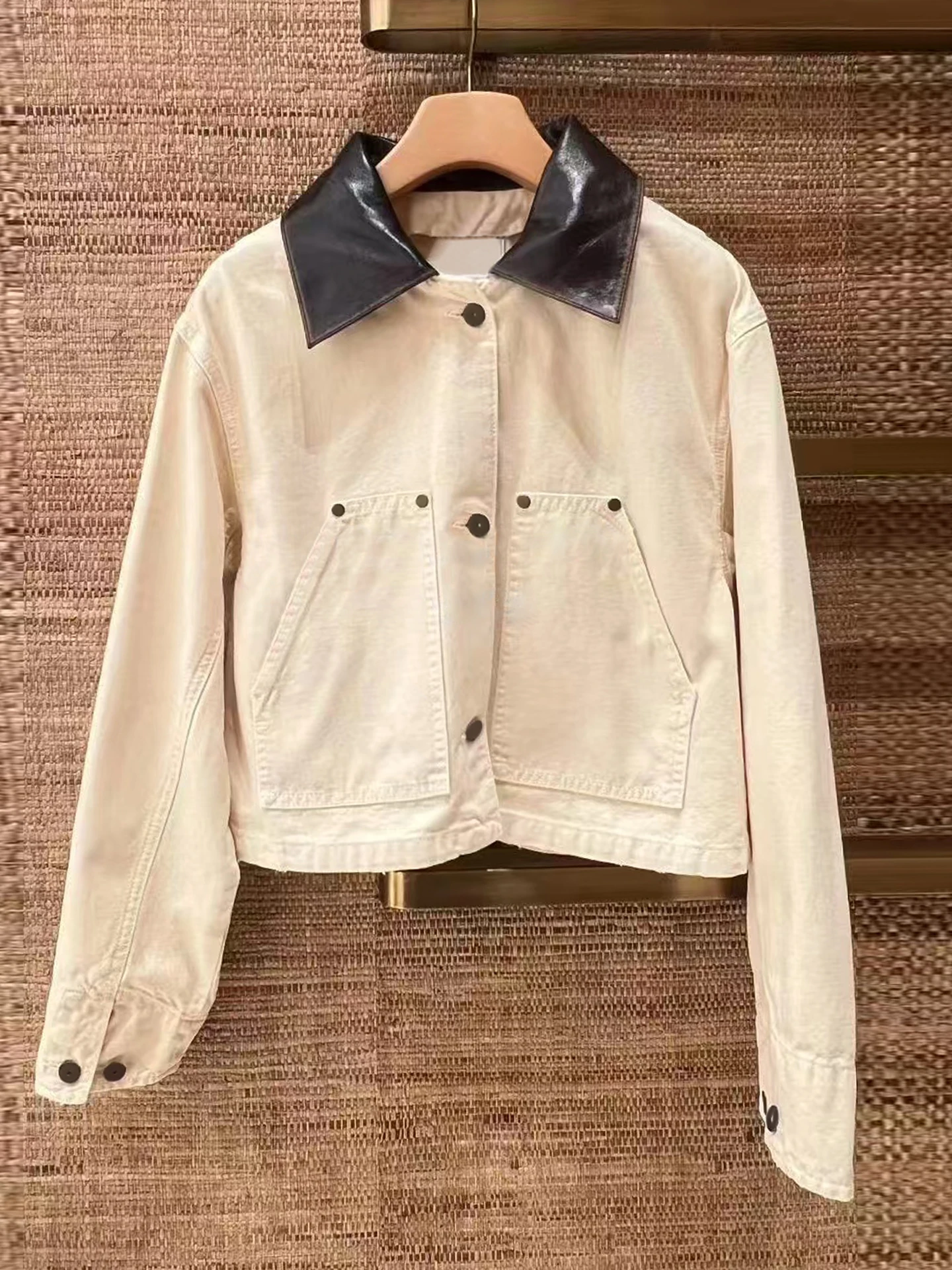 

S Home South Oil High End Women's Leather Denim Jaet Collar Coat Autumn Design Sense Ladies ort Outerwear