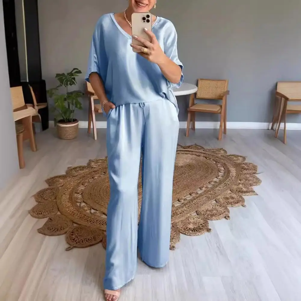 Loose Fit Women Suit Chic Women's Satin T-shirt Pants Set V Neck Top Wide Leg Trousers Stylish Ol Commute Casual Homewear Outfit