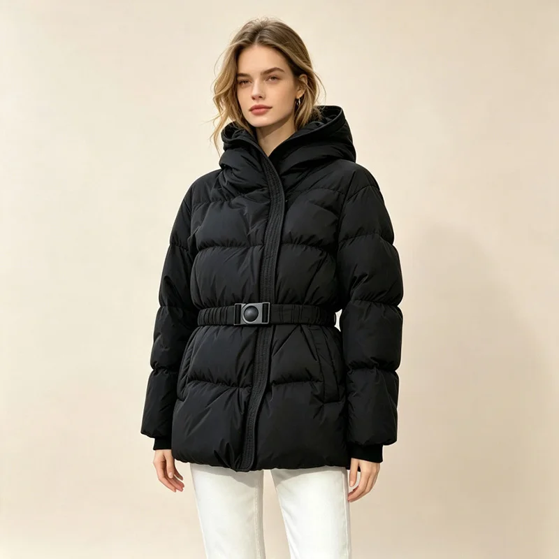 Schinteon Women White Down Jacket with Hood Solid Color Fashionable Autumn Winter Warm Outwear Parka Belt 2026 New Real Pictures