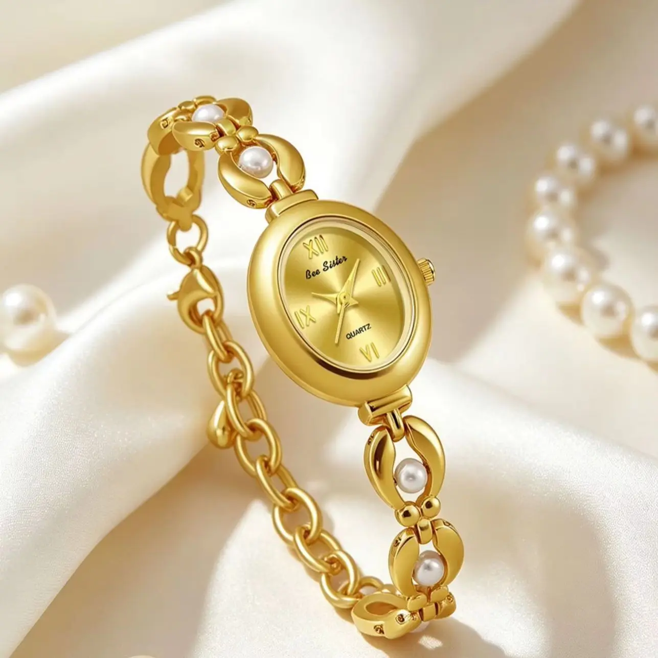 BS Oval Pearl Bracelet Women Watch Roman Number Dial Quartz Wristwatch Stainless Steel Elegant Ladies Dress Clock watches