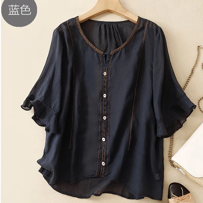 Women Summer Casual Shirt New Arrival 2024 Vintage Style O-neck Flare Sleeve Loose Female Cotton Blouses Shirts B3835