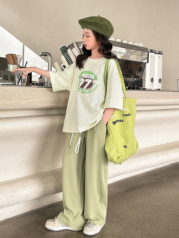 2024 autumn Girl Clothes Outfits New Korea Short Sleeve half sleeve T-shirt + wide leg Pants Trousers Teens 6 7 8 10 11 12 year