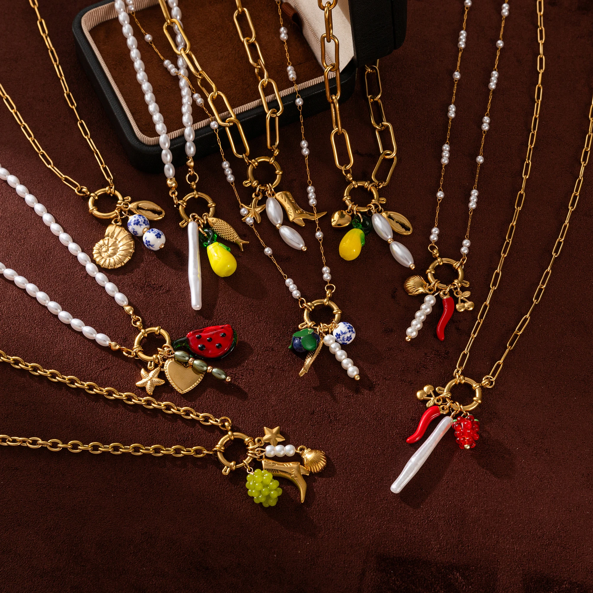

Stainless steel boots fruit heart fashionable collarbone chain pearl starfish necklace
