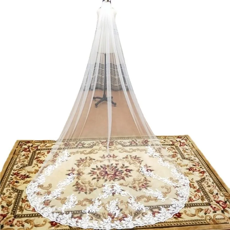 الحجاب المطرزة خصم أبيض كاتدرائية اكسسوارات الزفاف الحجاب الأبيض الدانتيل حافة الحجاب العاج زين صور حقيقية الحجاب الزفاف #5