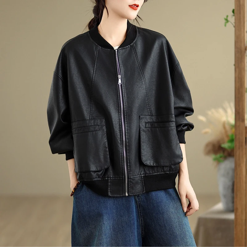 Masss Wasss Autunno Donna Classico Vintage Soild Giacche a vento oversize Moda donna Casual PU Giacche Cappotti larghi in ecopelle