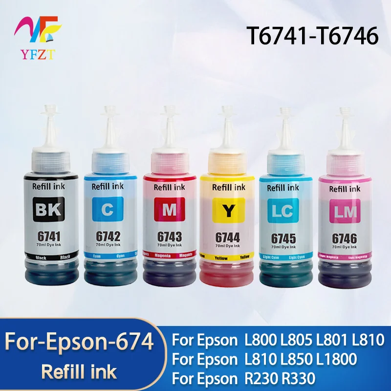 For EPSON 674 T674 Ink Refill 6 Colors For EPSON R330 L1800 L800 L801 L810 L850 1390 R230 R330 Printer black and colors