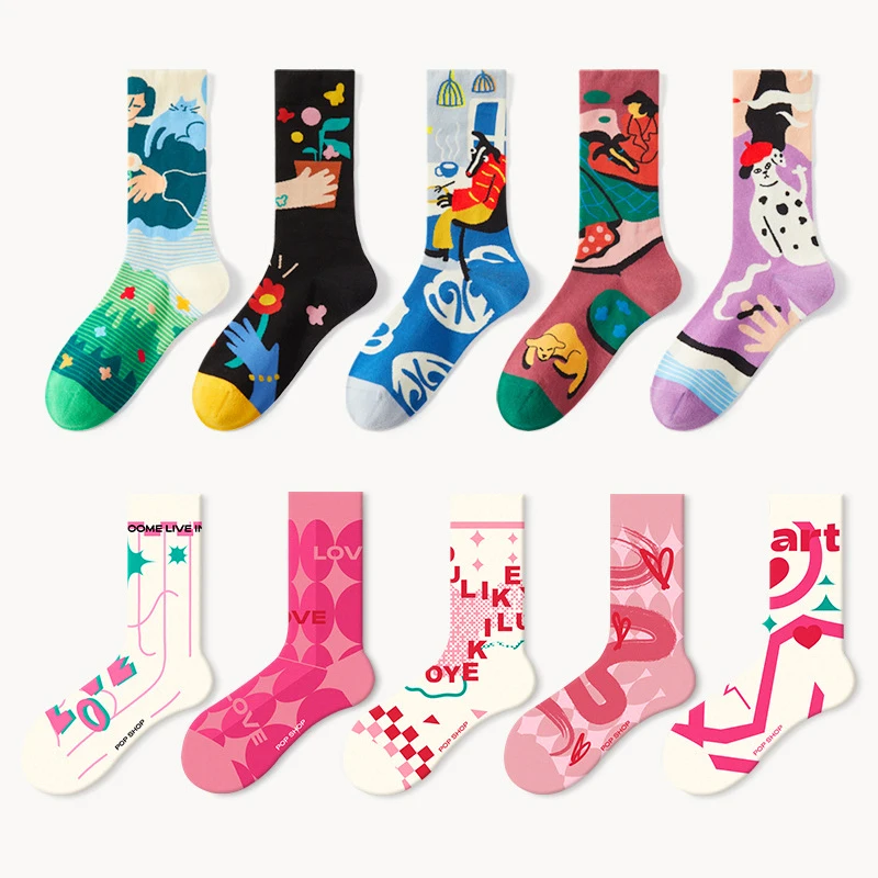 Vintage Art Socks Graffiti Women Personalized Fashion Colorful Socks Creative Trend Cotton Cute Cartoon Retro Funny Socks 5 Pair