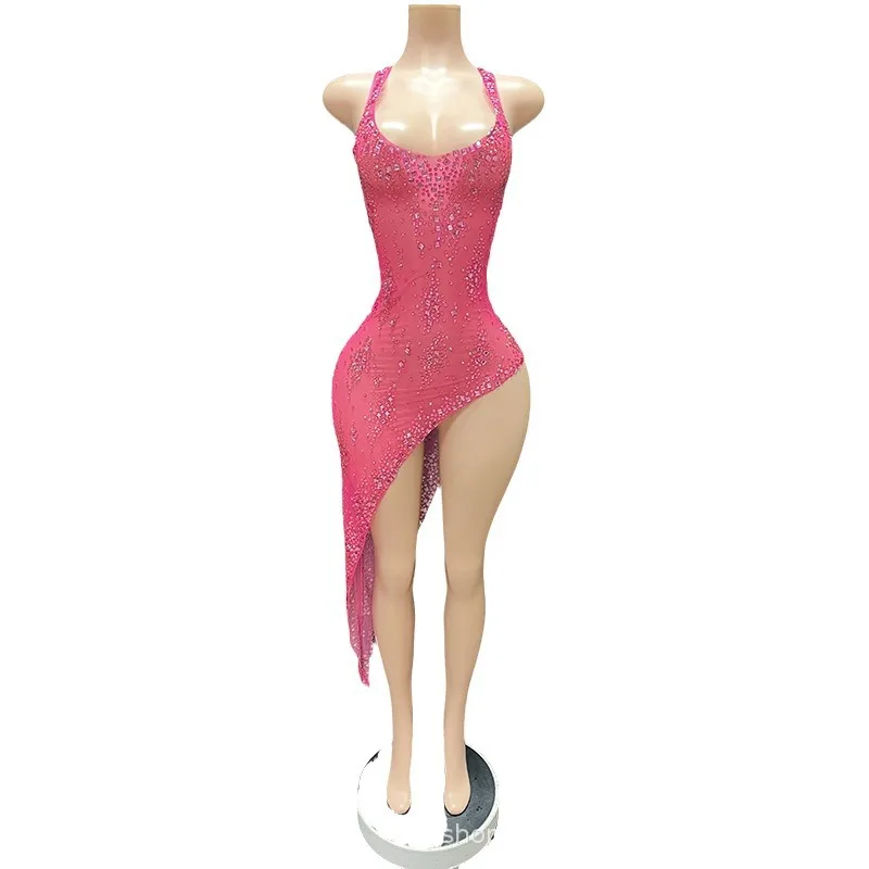 Autumn Rose Red Pinched Waist White Seaside Vacation Beach Skirt Studio Photo Model Catwalk Performance Clothes Dazzling Dresses