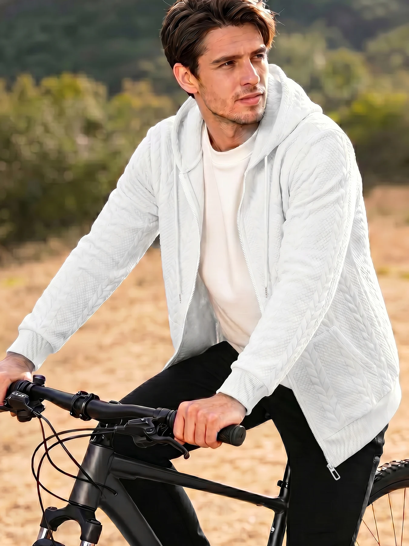 Men's Cable Knit Full Zip Hoodie Casual Textured Drawstring Hooded Sweatshirt with Kangaroo Pocket Daily Home Work Wear