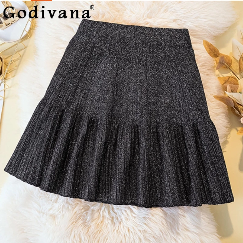 Womens Autumn 2025 New Fashion Korean High Waist Simple Knitted Skirt Loose and Versatile A-line Age Reduction Black Skirts
