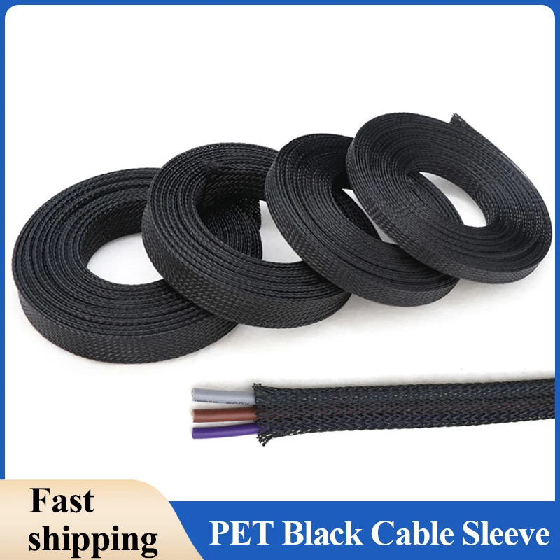 

2/5/10/50M PET Black Cable Sleeve 1mm~100mm Insulated Braided Sleeving Data Line Protector Cable Sheath Braid for Wires Sleeved