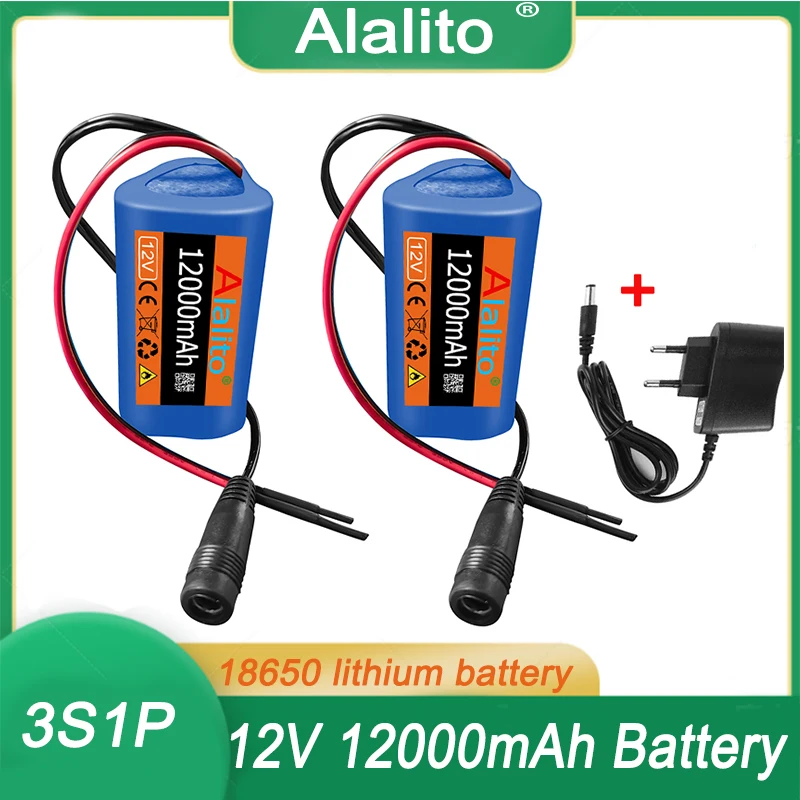 New 12V 18650 Battery Pack 12000mah 3S1P Li-ion Rechargeable Batteries with BMS Lithium Cells Protection Board +12.6V Charger