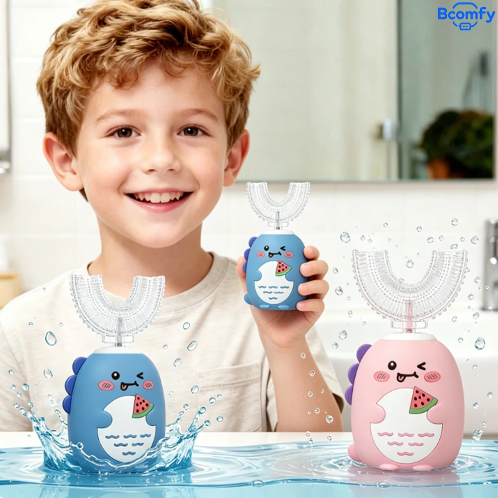 Electric Toothbrush for Kids U-Shaped 360° Food Grade Silicone Rechargeable Smart Timer Blue Light IPX7 Waterproof Toothbrush