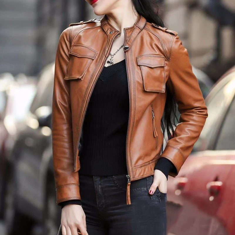 100% Genuine Sheepskin Women\'s Short Long Sleeve Moto Biker Jackets Autumn Vintage Brown Female Slim Real Leather Jackets 2024