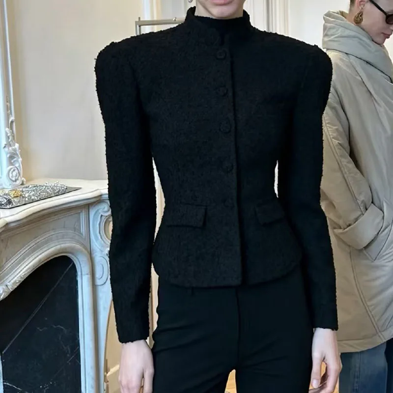 Women's Stand-Collar Wool Coat, Single-Breasted Black Blazer, Stylish and Versatile Top, High-Quality Suit, 2026, New Arrival,