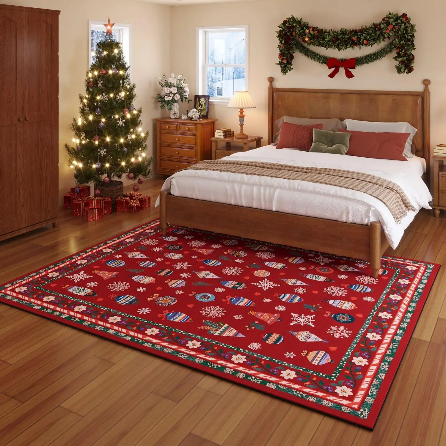 Red Xmas Snowflake Living Room Rug, Machine Washable Non-Slip Low Pile Holiday Carpet for Bedroom, Office, Dining Room,Farmhouse